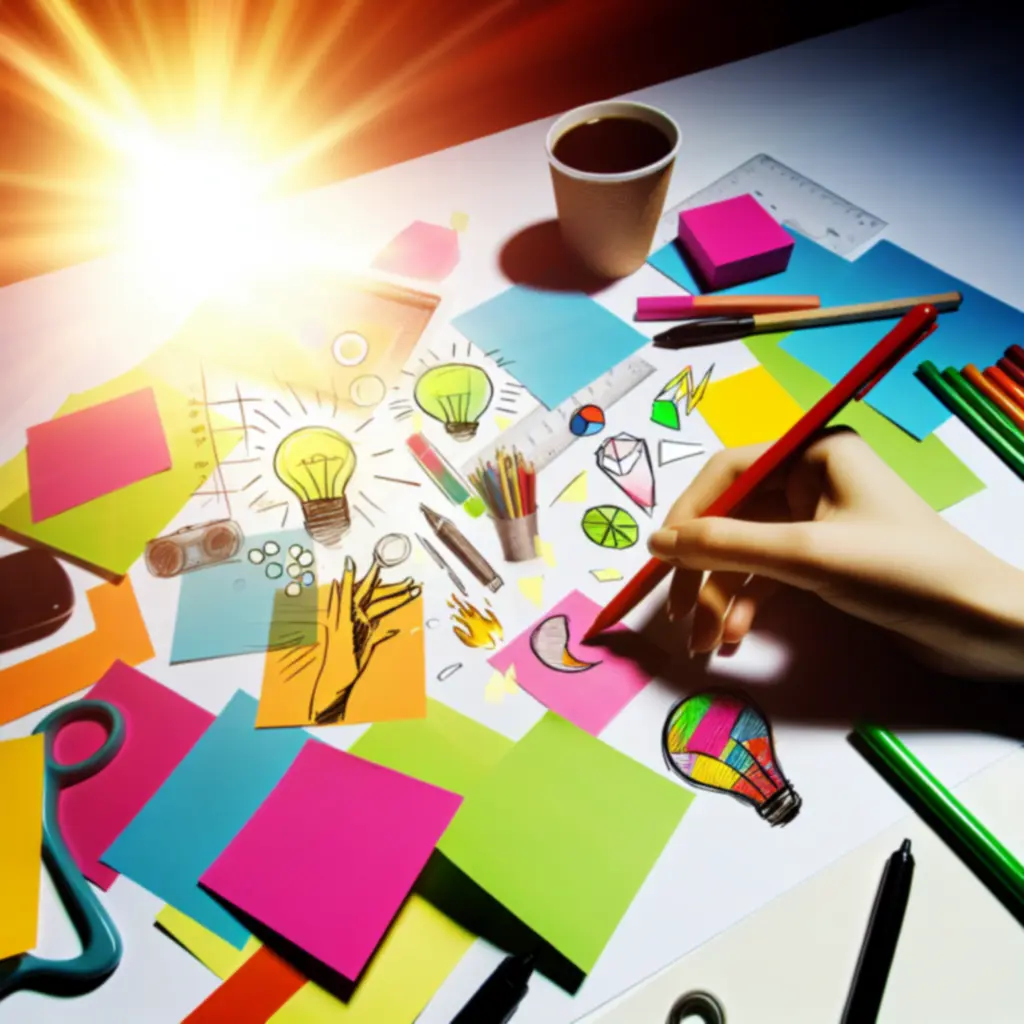 Kreatywne pomysły projektowe szkicowane na kolorowych kartkach