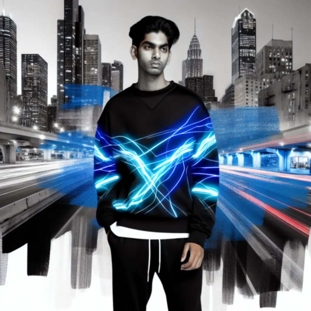 Lookbook City Beats: model w czarnej bluzie z błękitnymi akcentami